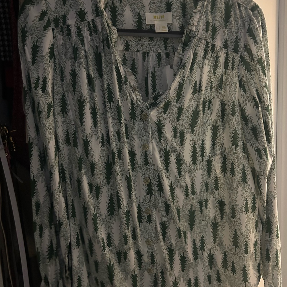 Anthropologie Green and White Tree Print Blouse
